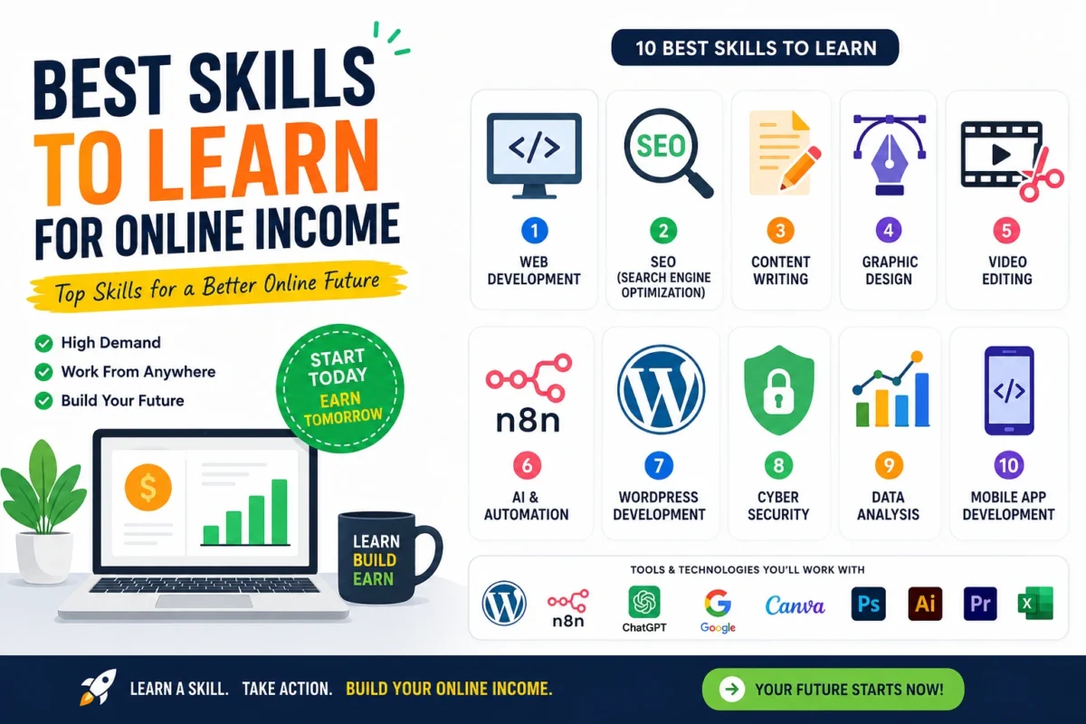 Best skills to learn for online income in 2026 including SEO, WordPress, AI automation, web development, and content writing.